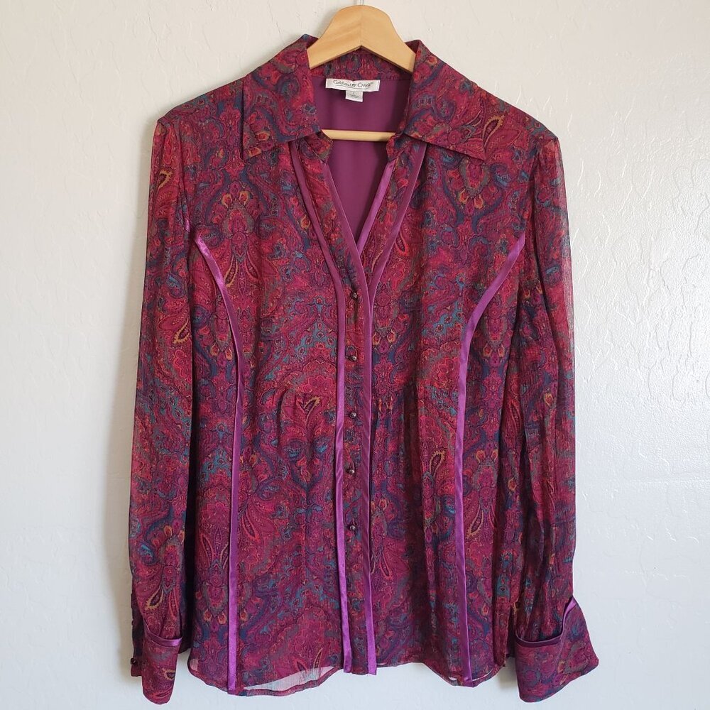 Coldwater Creek 100% Silk Paisley Semi Sheer Top Burgundy Large Boho Whimsigoth